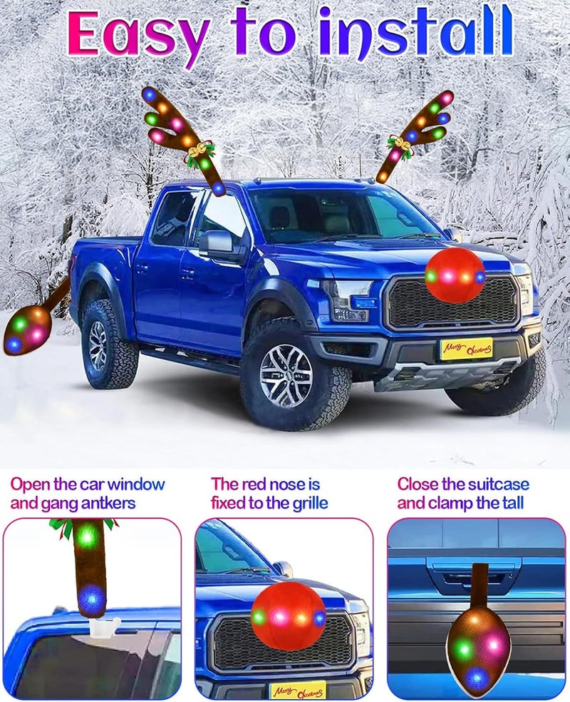 Dergo Christmas Reindeer Antlers Car Decoration Kit, LED Multicolor Lights Nose Vehicle with Jingle Bells Rudolph, Auto Holiday Accessories for SUV Van Truck Decor - Image 4